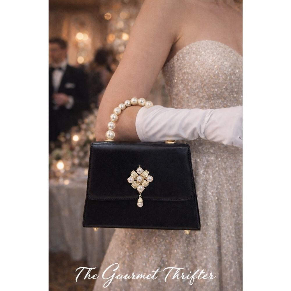 Black Pearl Handle Evening Bag | Gold Floral Pearl Clasp | Gold Chain Strap NEW